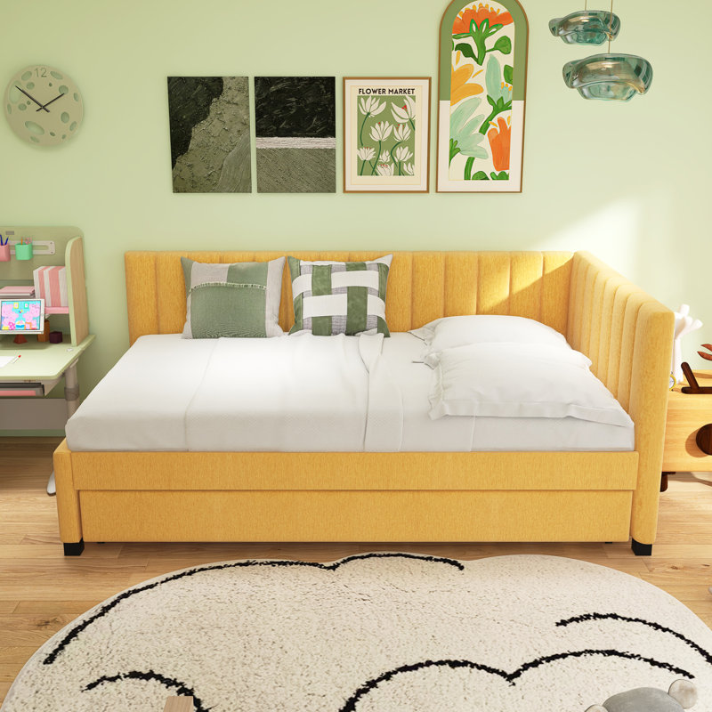 Upholstered Daybed With Trundle Sofa Bed Frame, Twin, Yellow