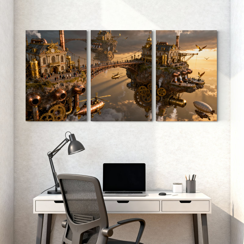 Fantasy & Sci-Fi Steampunk City Sky, îles flottantes, engrenages, dirigeables, ensemble de 3 impressions sur toile