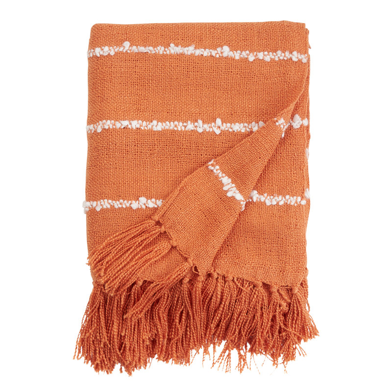 Rust and White Striped Cotton Throw Blanket with Tassels