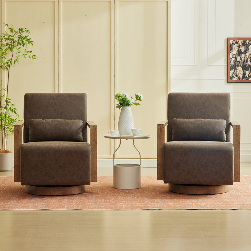 Swivel Armchair With Solid Wood Base (Set Of 2), Coffee Faux Leather