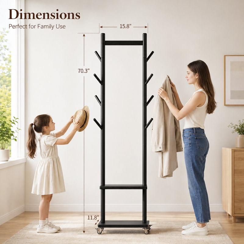 Portant à vêtements sur roulettes en bois massif avec 8 crochets et tablettes, petit portemanteau sur roulettes, portemanteau portatif robuste pour vestibule