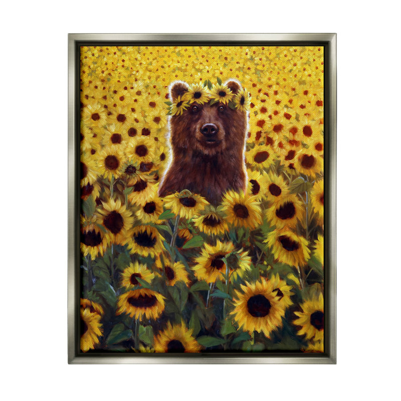 «Happy Bear Sunflower Field», peinture sur toile à cadre flottant, H 31 po x l 25 po x P 1,7 po, Cadre flottant gris lustré