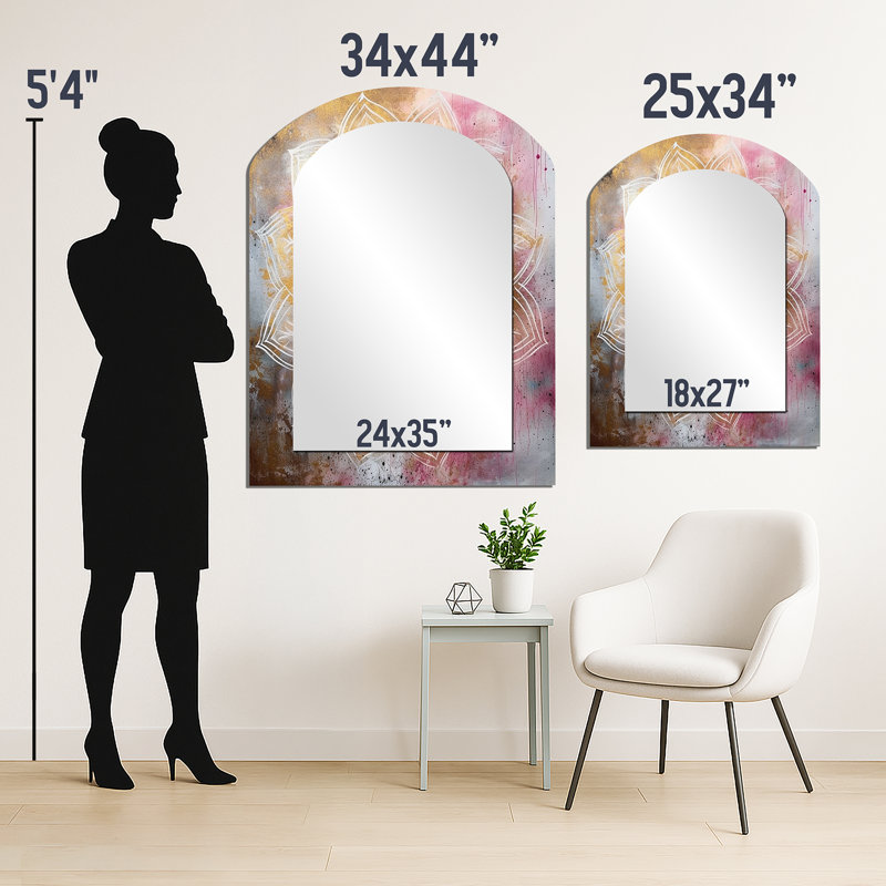 Rose Gold Mandala I - Boho Mandala Arch Wall Mirror, Traditional Asymmetrical Decorative Mirror, Printed Metal Art, 43" x 33"