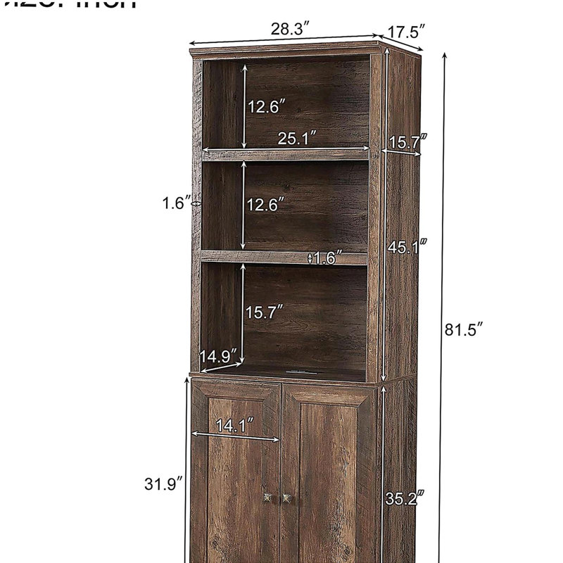 1 Doors Bookshelf with USB Port and 3 Open Shelves Bookcase Side Cabinet Storage Shelves, Rustic Brown, Brown