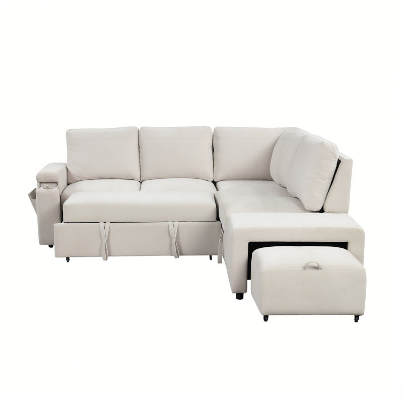 Canapé-lit modulaire rembourré en L avec espace de rangement, ports USB et porte-gobelets sur les accoudoirs, Beige
