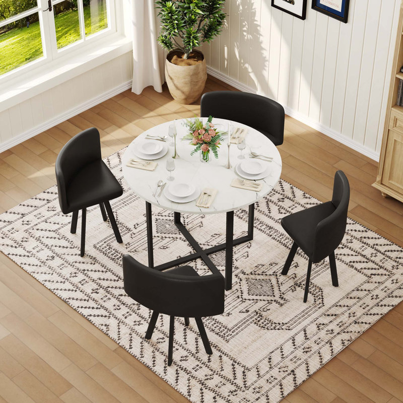 5PCS Rustic Breakfast Nook Dining Set, Faux Marble Triamine Top Round Dining Table With 4 PU Leather Chairs, Black