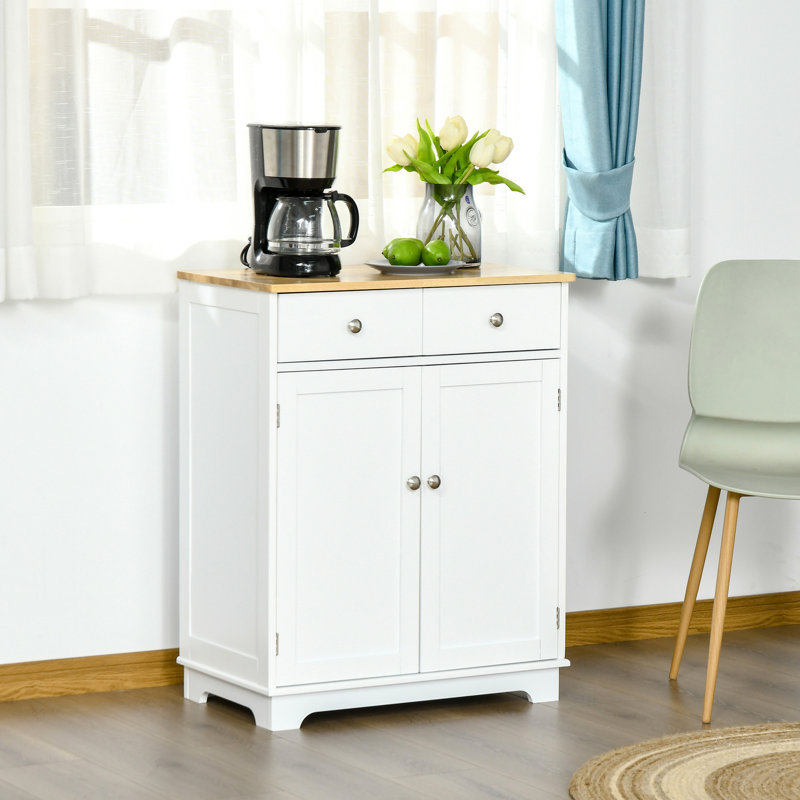 2-Doors Sideboard Buffet Cabinet, White With Adjustable Shelf And 2 Drawers For Hallway, Office, Kitchen - Door Cabinet Coffee Bar Storage Garage