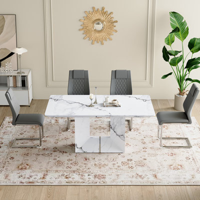 63" Dining Table Set for 4, Modern MDF Dining Table and Chairs with Faux Leather Upholstered Seats