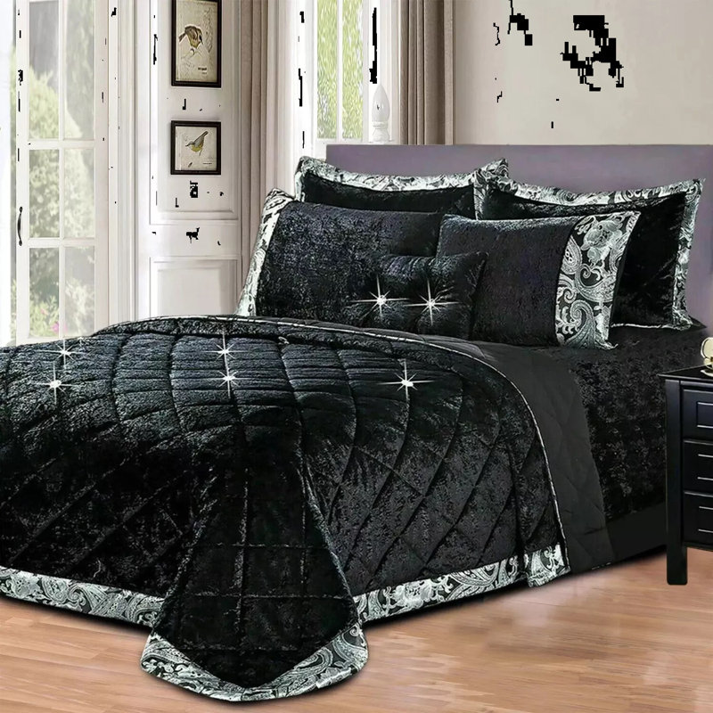 Velvet Bedspread with Pillow Shams Included, Double Bedspread+ 2 Standard Shams, Black