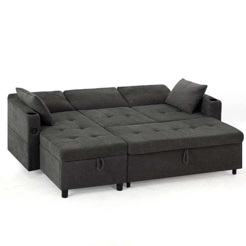 84" Reversible Sectional Pull-Out Sofa Bed With Adjustable Backrest, Modern L-Shape Sofa With Storage Chaise, 3-Seat Convertible Couch With Usb Charging Port For Living Room, Apartment, House