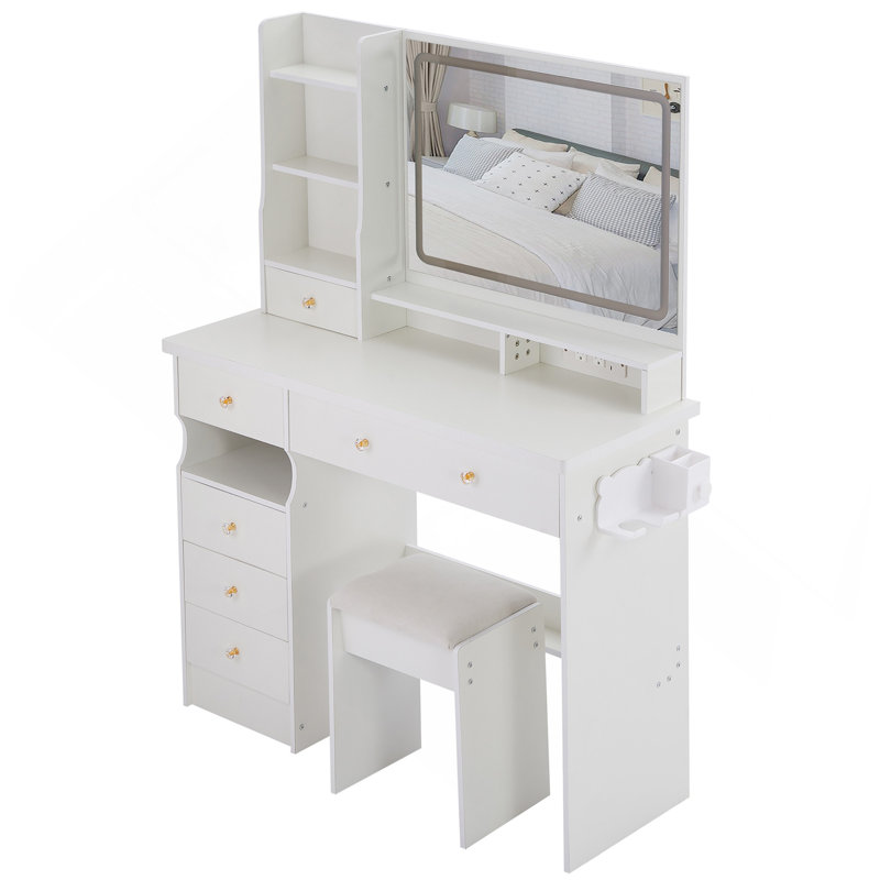 Grande coiffeuse avec miroir à DEL et tiroirs de rangement - Coiffeuse avec tabouret rembourré, Blanc