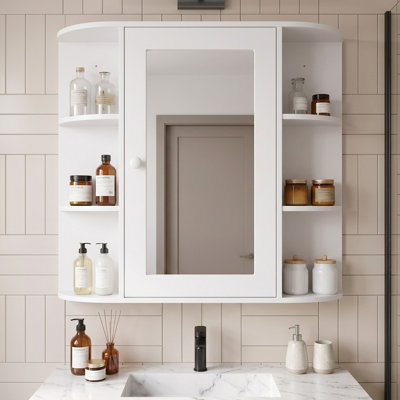 66cm W 63cm H Mirror Cabinet with 3-Tier Open Shelves Wall Mounted Medicine Cabinet Modern Bathroom Storage Cabinet