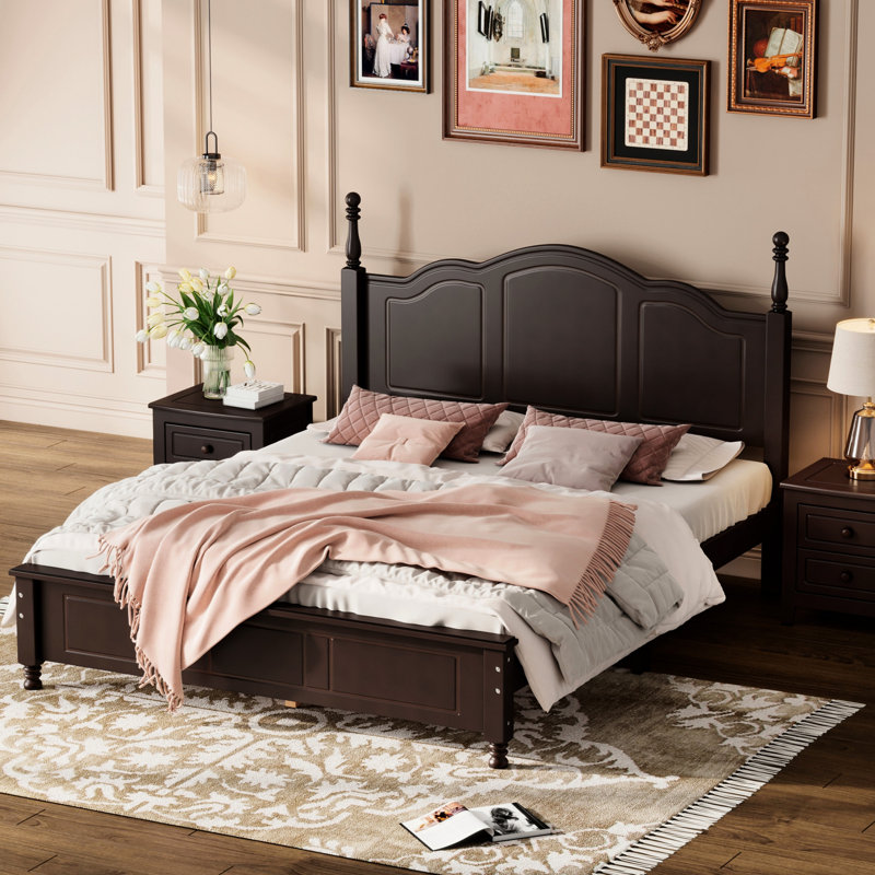 Grand lit plateforme en bois rétro, finition noyer foncé, lattes en bois, solide et stable, facile à assembler, sans sommier avec support, et stable, installation, non requise