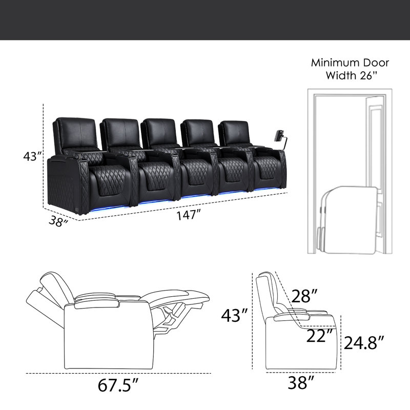 Canapé inclinable électrique Haiylee, Cuir véritable noir
