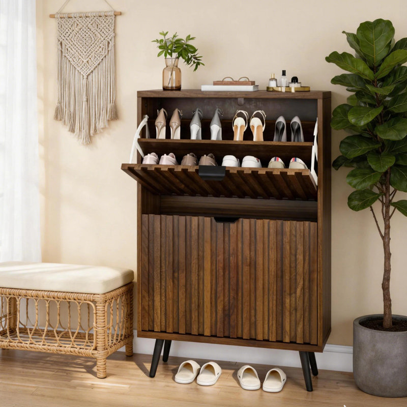 20 Pair Shoe Storage Cabinet, Brown Wood - 60cm W