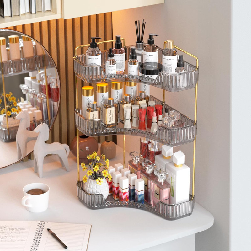 Rangement de salle de bain de coin à 3 niveaux, rangement de meuble-lavabo et de maquillage de grande capacité, organisateur de comptoir peu encombrant avec une conception robuste pour la salle de bain, la chambre à coucher et la coiffeuse