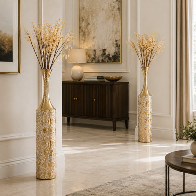 Ensemble de 2 grands vases en métal au fini noir mat pour décoration intérieure moderne, 14,7 x 14,7 x 95,5 cm
