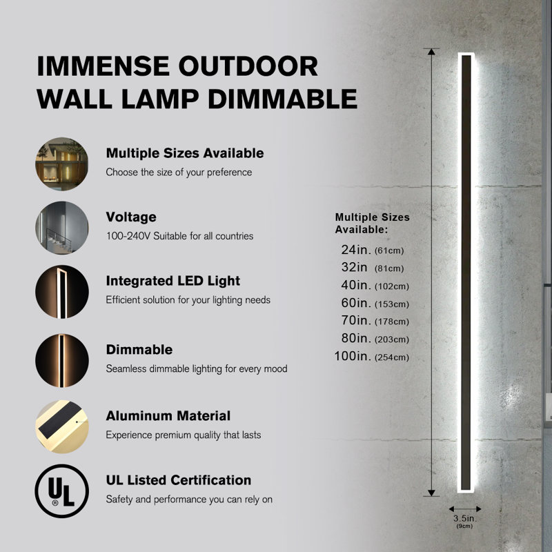 Immense Outdoor Wall Lamp IP65/ Hardwired - Warm 3000K, 24" H x 3.5" W x 2.5" D