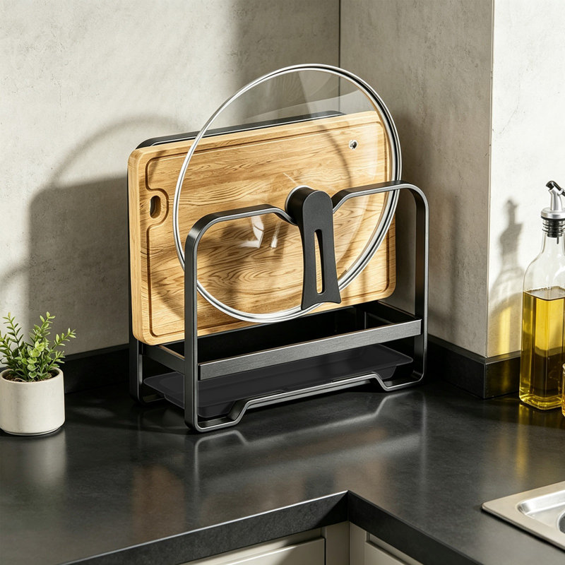 Rack en acier inoxydable avec couvercle pour casseroles et comptoir, Gray