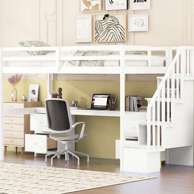 Lit mezzanine simple avec bureau intégré et rangement double, bois de pin pour une chambre à coucher apaisante Espace de rangement solide et confortable