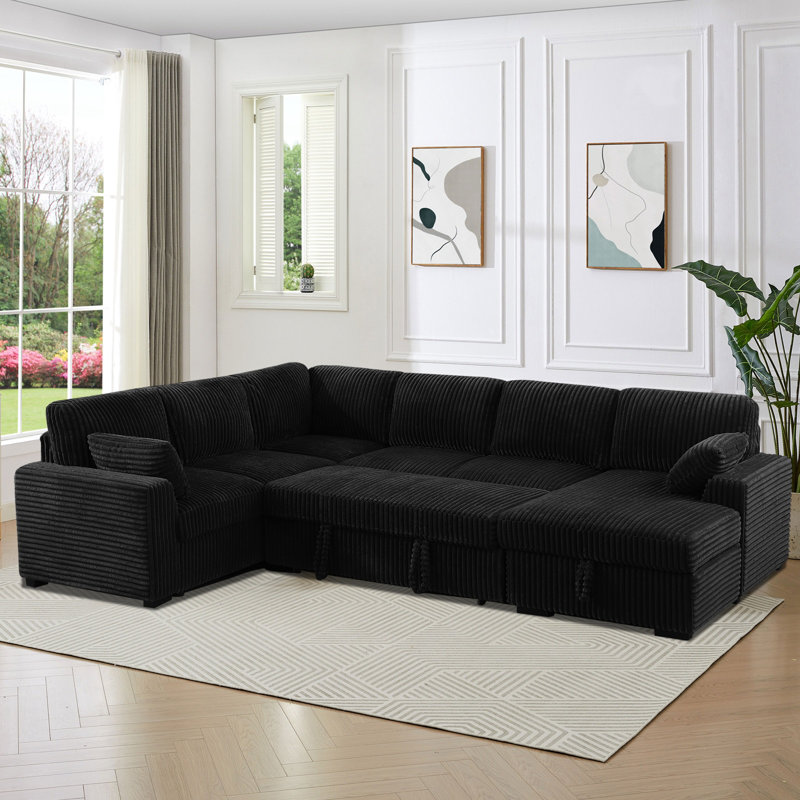 Oversized U-shaped Sectional Sofa Bed Pull Out Sleeper Couch With Storage Chaise For Living Room, Black Polyester
