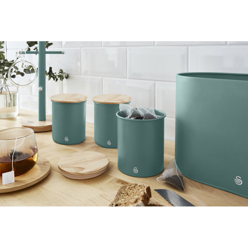 Swan Nordic Scandi Set of 3 Storage, Tea, Coffee and Sugar Canisters, Steel, Bamboo Lid, One Size, Green