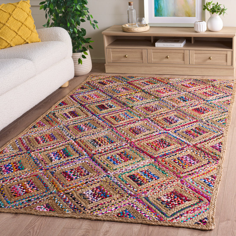 Tapis géométrique en jute / denim tissé à la main Adilynn, Rectangle 5 pi x 8 pi