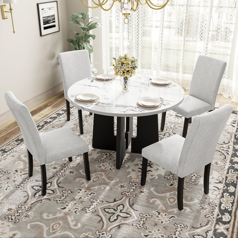 Polett Round Dining Set, White Table with Beige Chairs
