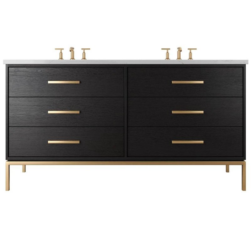 Rift White Oak Double Drawer Bath Vanity, Classic Black, Satin Gold, 60"
