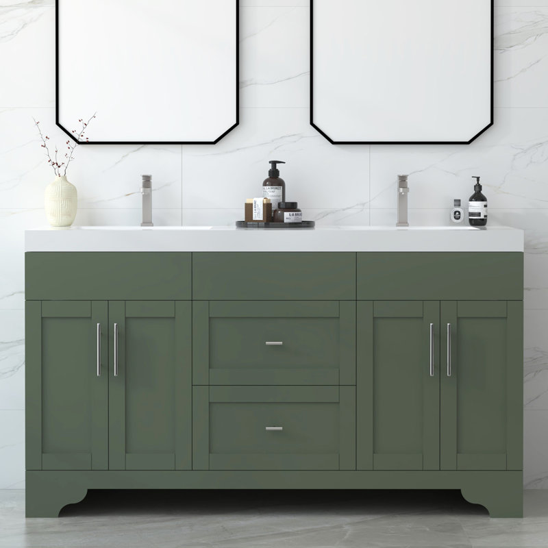 Aurilla 60 in. Double Sinks Freestanding Bath Vanity in Forest Green with White Carrara Quartz Top, Forest Green