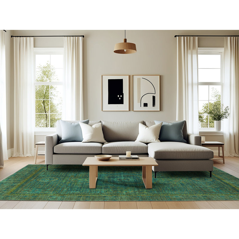 Tapis oriental vert tissé à la machine, Rectangle 6 pi x 9 pi