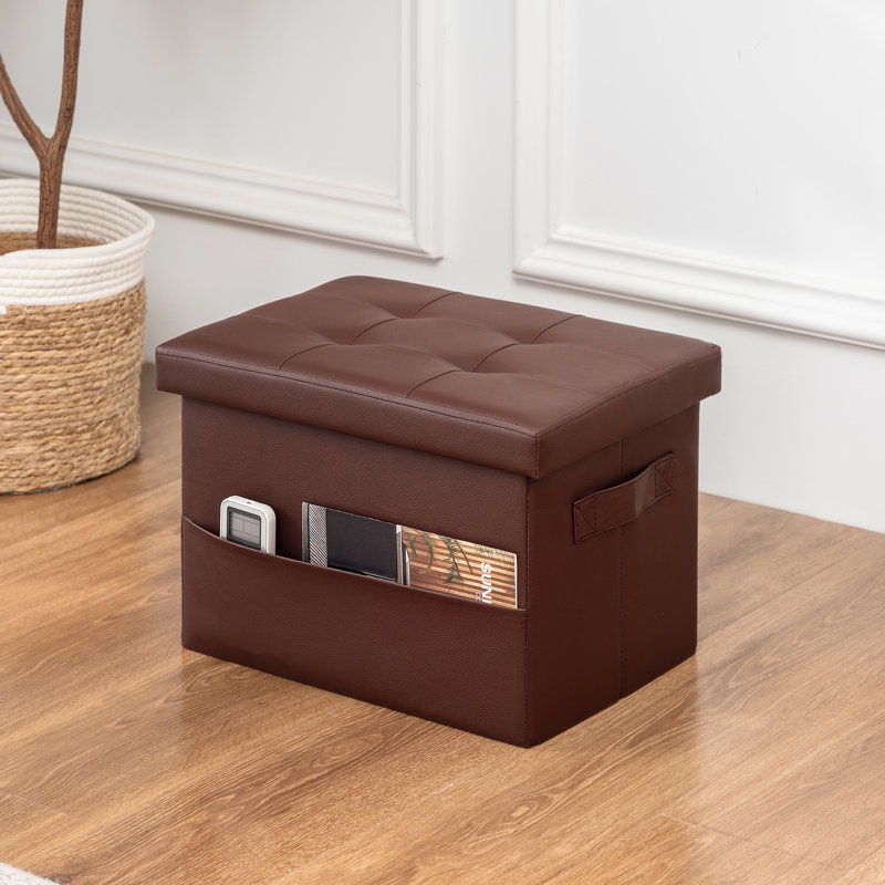 Folding Faux Leather Storage Ottoman With Side Pockets & Handles, Dark Brown