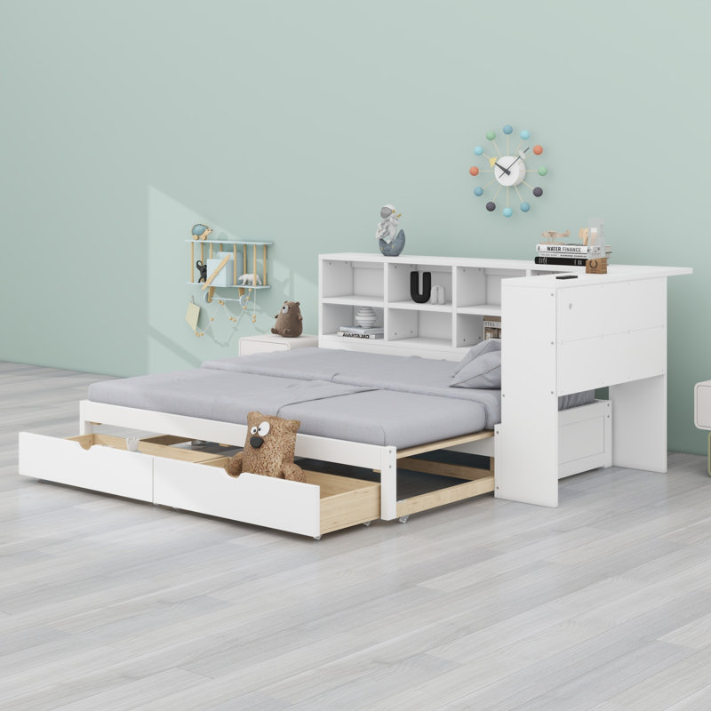 Modern Daybed Frame with 2 Drawers and Open Shelves, LED Lighting & USB, White