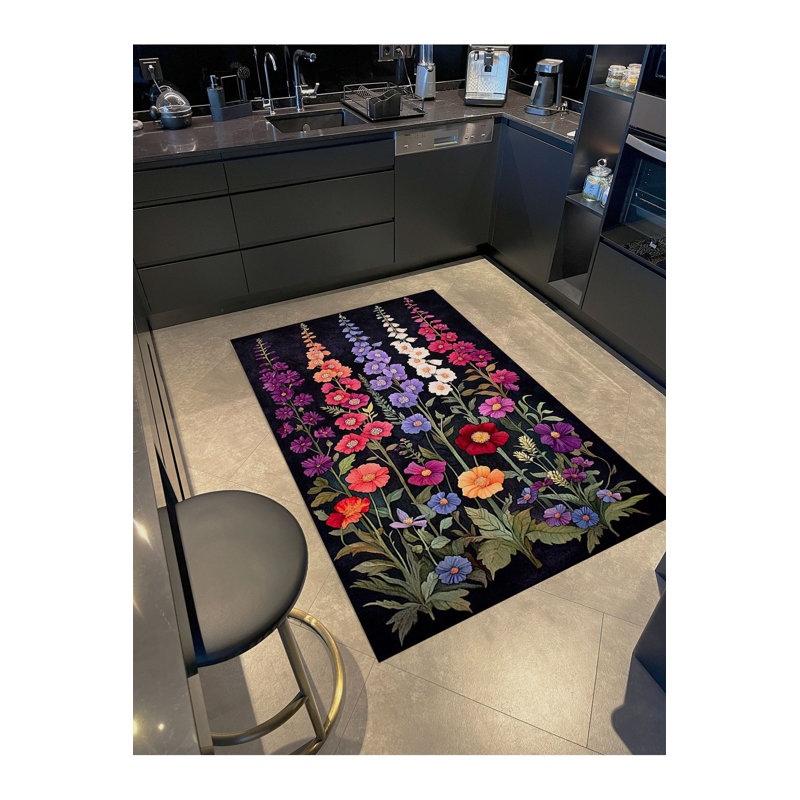 Tapis décoratif moderne noir à motif floral, Sous-tapis rectangulaire de 3 pi 3 po x 4 pi 11 po