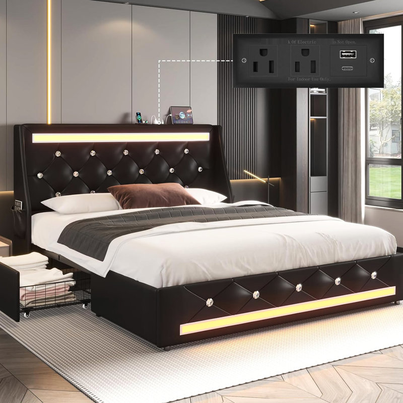 Cadre de lit double moderne avec tête de lit tapissier à oreilles, 2 tiroirs de rangement, éclairage à DEL intelligent, charge 4 en 1, lattes en métal matelassé à losanges de luxe de 12 po de largeur, lumières, structure, blanc
