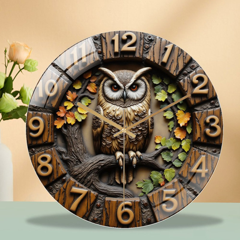 Horloge murale décorative chouette avec feuilles d'automne - art moderne 12 po