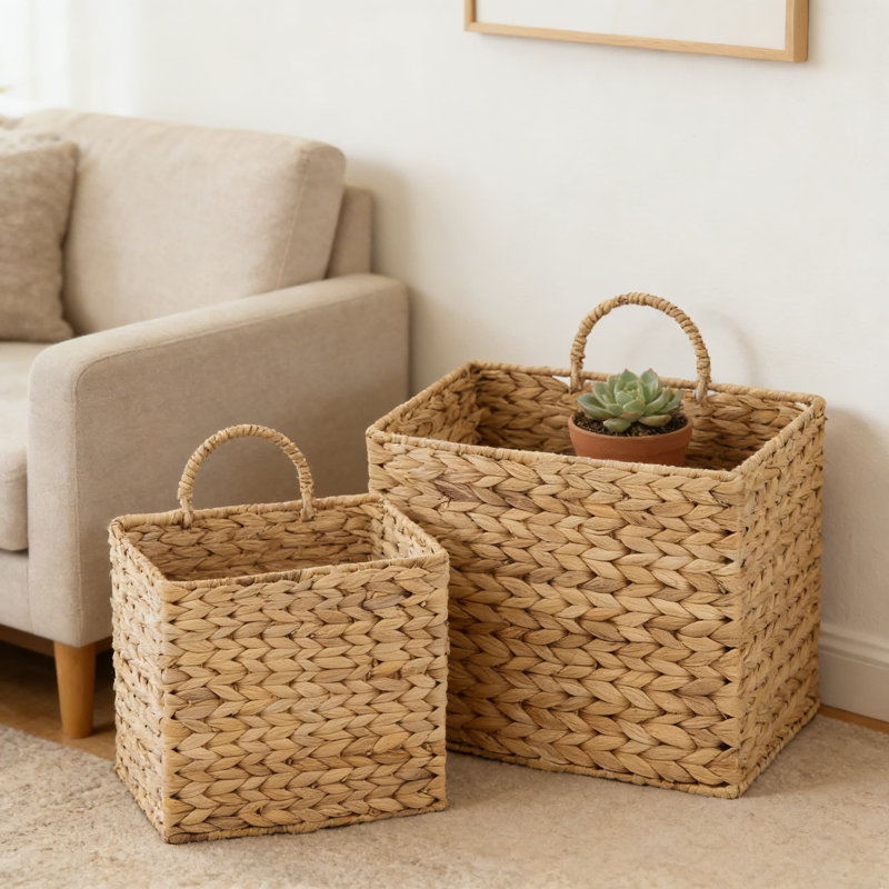 Set Of 2 Natural Water Hyacinth Woven Hanging Baskets, Wall Mounted Storage Organizer For Mail, Entryway, Kitchen, Or Decorative Flower Display