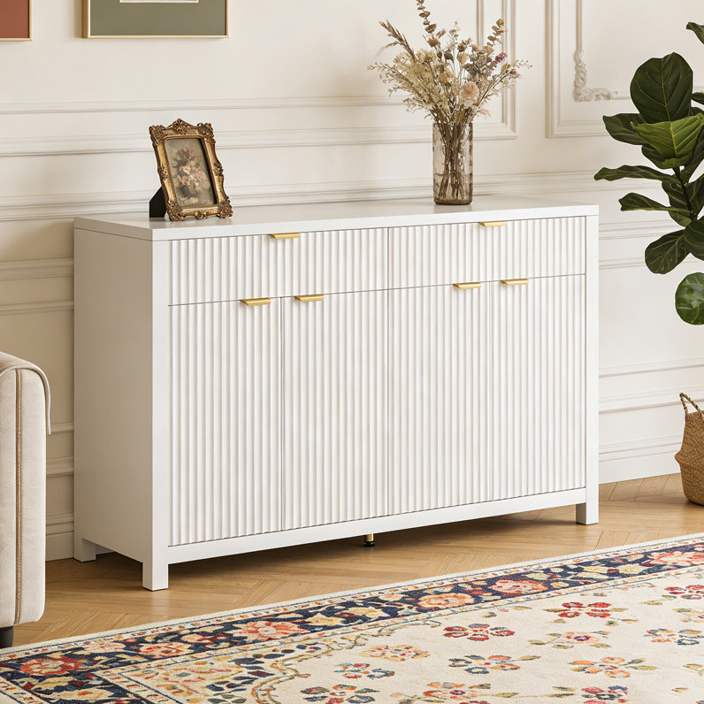 Buffet 55,1 "avec 2 tiroirs et 4 portes, tablettes réglables, Blanc
