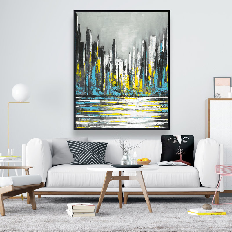 Toile abstraite encadrée, "Blue Skyline", bâtiment gris