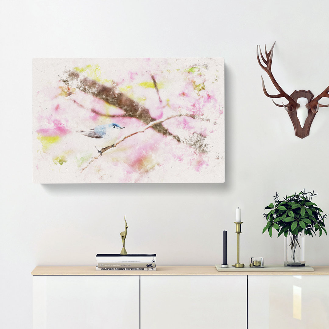 Bird In The Cherry Blossom Tree - Wrapped Canvas
