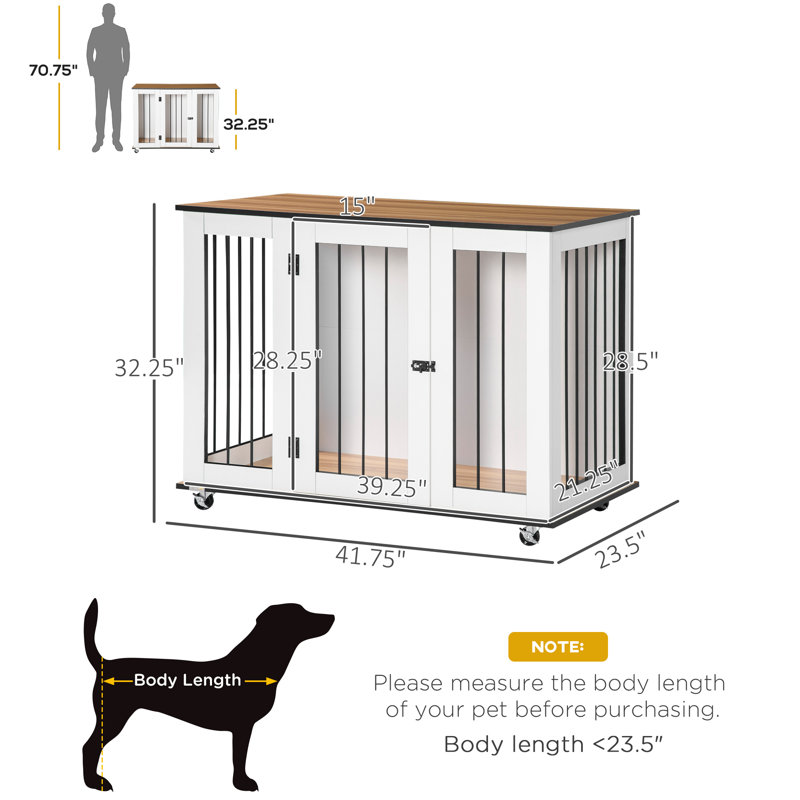 Modern Dog Crate End Table With Easy To Clean Surface, Large Dog Crate Furniture On Wheels, Kennel For Large Dogs Indoor With Big Flat Surface, White
