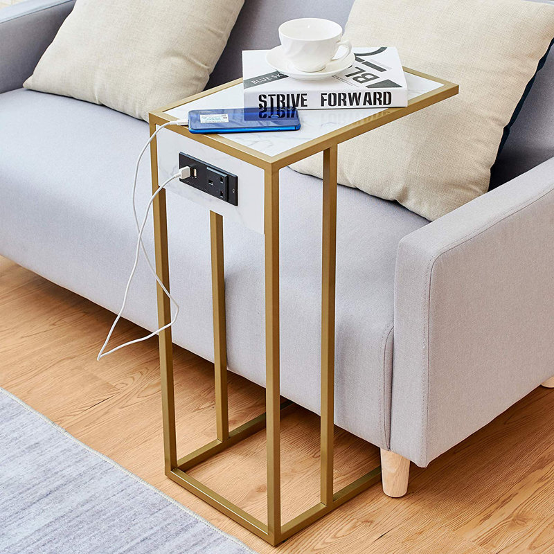 Delarosa Frame End Table with Built-In Outlets, Gold Finish Frame