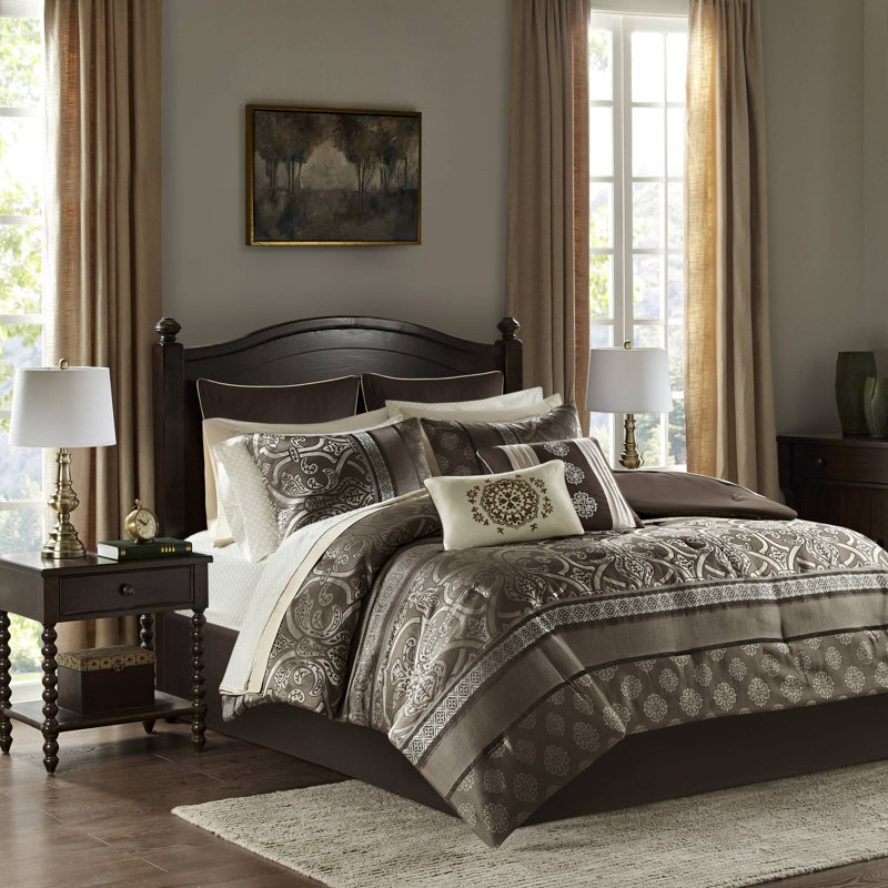 Zara Brown Jacquard 16-Piece Cal King Comforter Set with 2 Bed Sheet Sets, Cal. King Comforter + 1 Bed Skirt + 2 Shams + 2 Eu