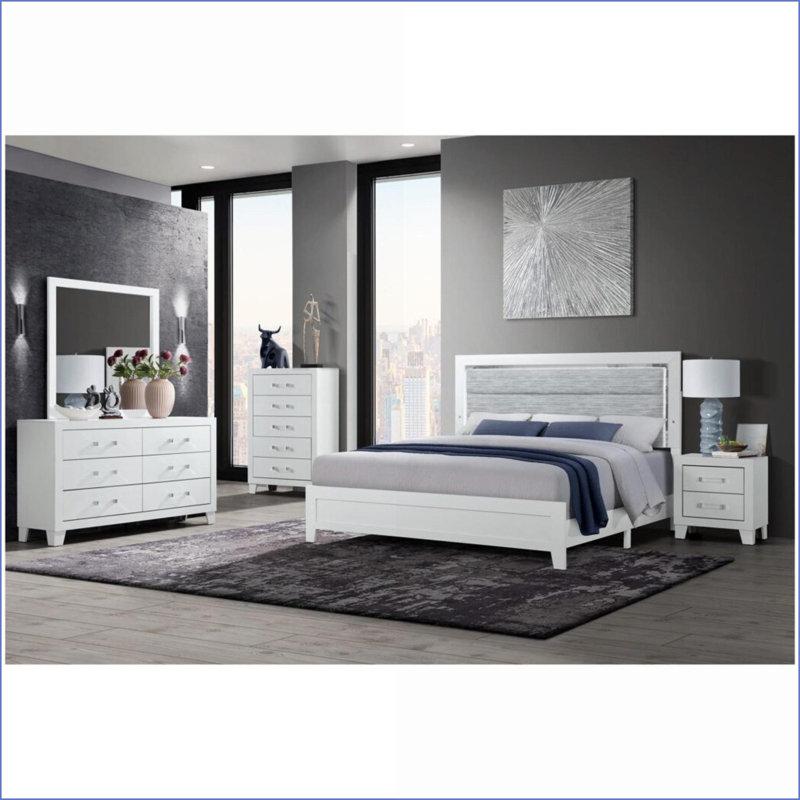 Ensemble de chambre à coucher, grand lit moderne blanc neige 5PC avec éclairage DEL | Bois massif et panneau de fibres à densité moyenne | Commodes doubles