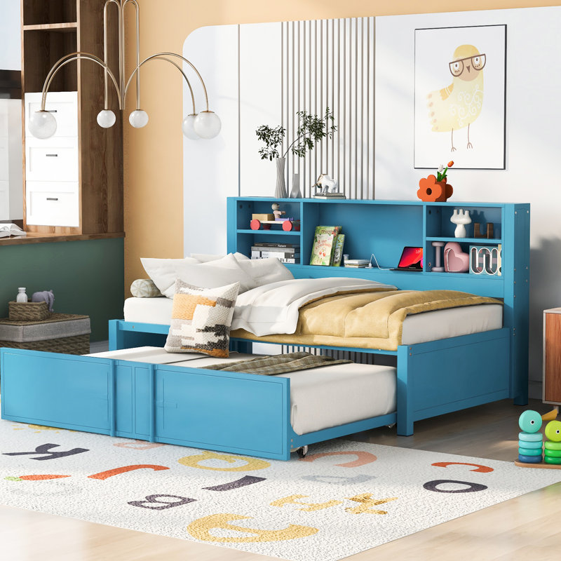 Lit de jour bleu en métal avec couchette, tablettes de rangement, rangement pour port