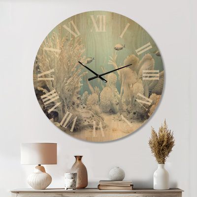 Sérénité corail blanc côtier - horloge océanique surdimensionnée, imprimée sur bois