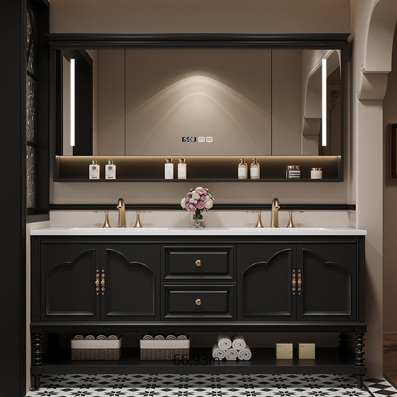 Armoire de salle de bain rétro à double cuve sur pied, Noir, L 59 po