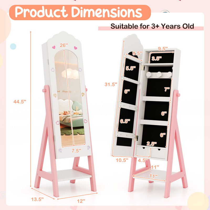 Miroir autoportant pleine grandeur pour enfants avec armoire pour bijoux pour enfants, Blanc
