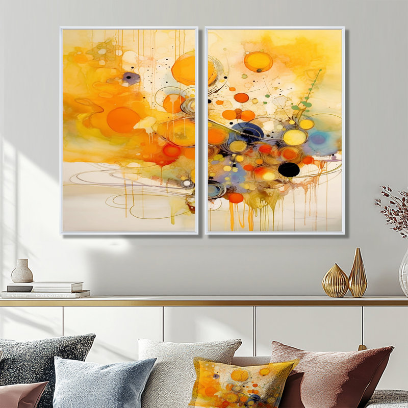 Tourbillons de couleur orange et jaune II - grand minimalisme abstrait, art mural sur toile 2 panneaux, 36" H x 48" W, White