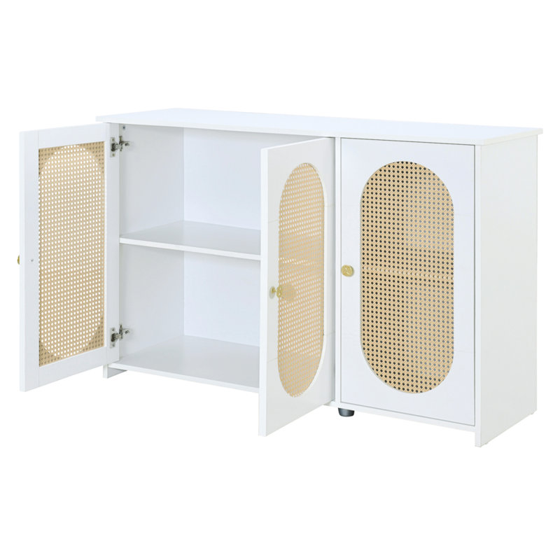 Retro 3-Door Sideboard With Large Storage Space Artificial Rattan Doors And Metal Handles, White